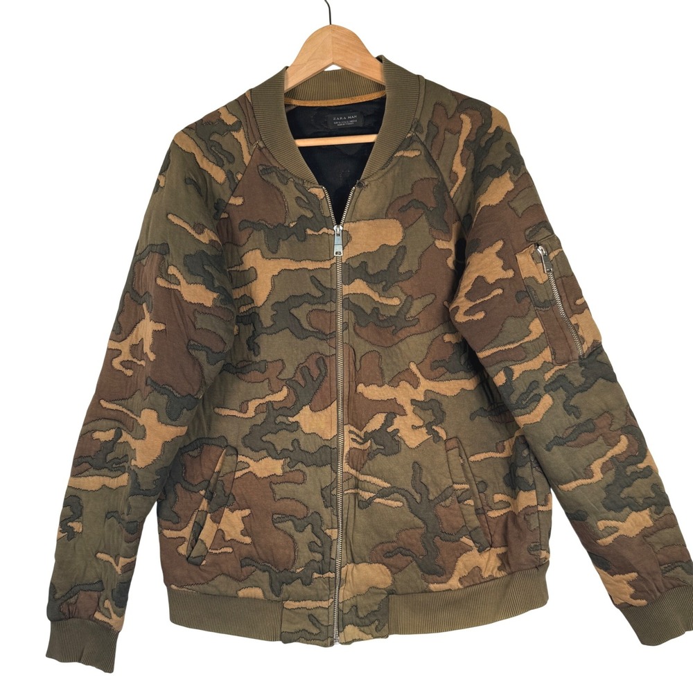 Zara Man Camo Bomber Jacket XL Green Brown Jacquard Knit Full Zip Utility Pocket